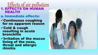 Effects of air pollution
1. EFFECTS ON HUMAN
HEALTH
a. Immediate effects:
Continuous coughing
for no apparent reason
Cold & cough
resulting in acute
bronchitis
Irritation of the mucus
lining of the nose,
throat and allergic
rhinitis
 
