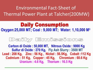 Environmental Fact-Sheet of
Thermal Power Plant at Talcher(200MW)
Oxygen:25,000 MT; Coal : 9,000 MT; Water: 1,10,000 M3
Carbon di Oxide : 50,000 MT, Nitrous Oxide : 9000 Kg
Sulfur di Oxide : 270 Kg, Fly Ash Slurry : 3500 MT
Lead : 208 Kg, Zinc : 56 Kg , Nickel : 56.5Kg, Cobalt :112 Kg
Cadmium : 51 Kg, Copper : 45 Kg, Chromium : 60.6 Kg
Uranium : 4.6 Kg, Thorium : 16.5 Kg
 