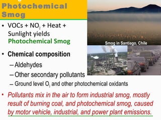 • VOCs + NO2 + Heat +
Sunlight yields
Photochemical Smog
• Chemical composition
–Aldehydes
–Other secondary pollutants
– Ground level O3 and other photochemical oxidants
Smog in Santiago, Chile
• Pollutants mix in the air to form industrial smog, mostly
result of burning coal, and photochemical smog, caused
by motor vehicle, industrial, and power plant emissions.
Photochemical
Smog
 
