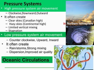 Pressure Systems
• High pressure system air movement
– Clockwise,Downward,Outward
• It often create
– Clear skies (Canadian high)
– Hazy skies (Continental high)
– Limited vertical mixing
– Stagnation
– Counter clockwise, Upward, Inward
• It often create
– Rain/storms,Strong mixing
– Dispersion,Improved air quality
in Northern hemisphere
• Low pressure system air movement
Oceanic Circulations
 