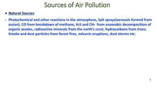  Natural Sources
• Photochemical and other reactions in the atmosphere, Salt sprays(aerosols formed from
ocean), CO from breakdown of methane, H2S and CH4 from anaerobic decomposition of
organic wastes, radioactive minerals from the earth’s crust, hydrocarbons from trees;
Smoke and dust particles from forest fires, volcanic eruptions, dust storms etc.
7
Sources of Air Pollution
 