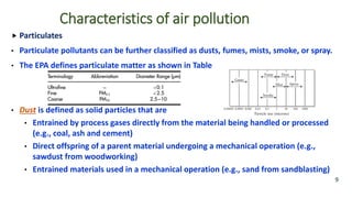 Characteristics of air pollution
 Particulates
• Particulate pollutants can be further classified as dusts, fumes, mists, smoke, or spray.
• The EPA defines particulate matter as shown in Table
• Dust is defined as solid particles that are
• Entrained by process gases directly from the material being handled or processed
(e.g., coal, ash and cement)
• Direct offspring of a parent material undergoing a mechanical operation (e.g.,
sawdust from woodworking)
• Entrained materials used in a mechanical operation (e.g., sand from sandblasting)
9
 