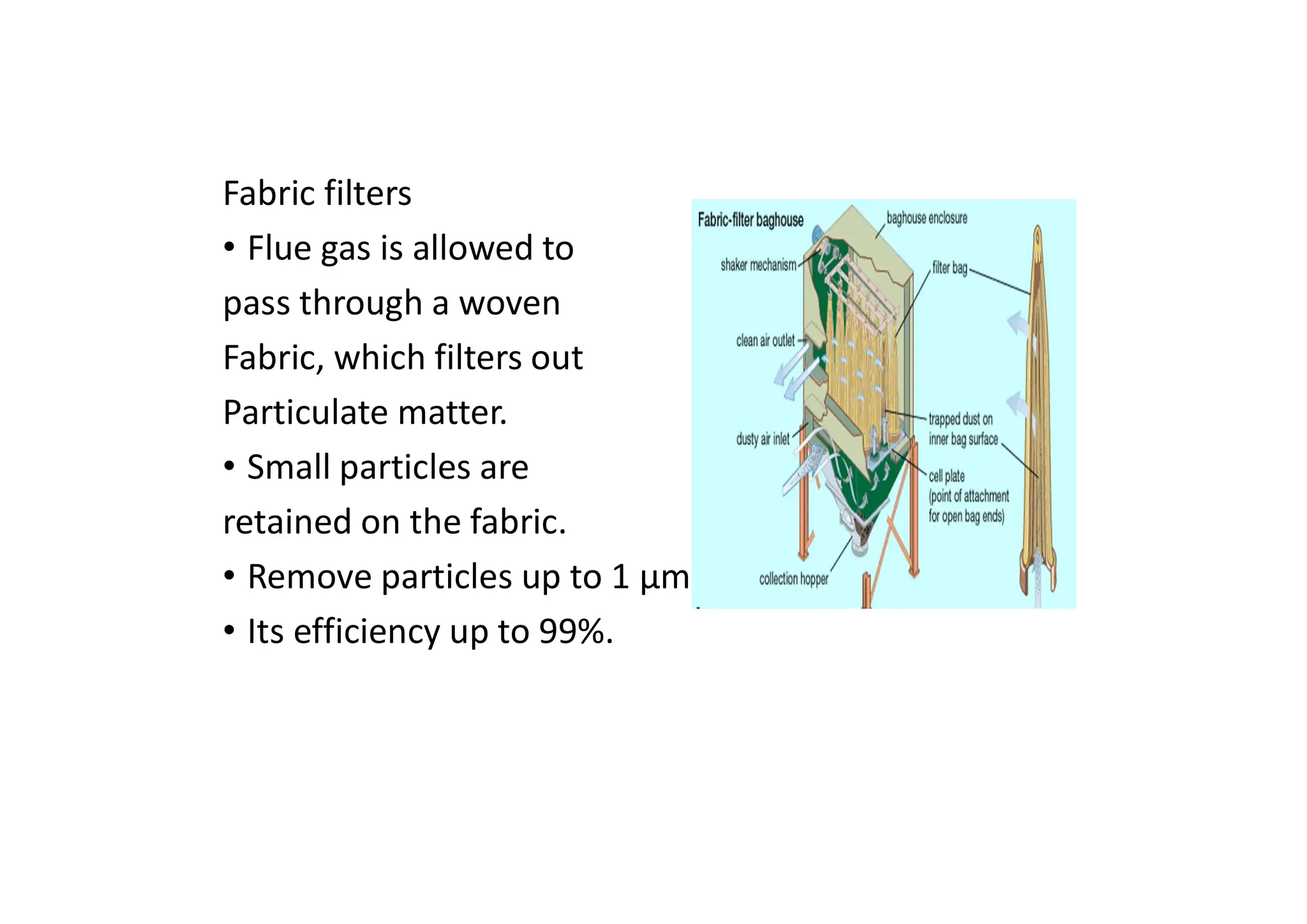 Fabric filters
• Flue gas is allowed to
pass through a woven
Fabric, which filters out
Particulate matter.
• Small particles are
retained on the fabric.
• Remove particles up to 1 μm.
• Its efficiency up to 99%.
 