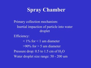 Spray Chamber
Primary collection mechanism:
Inertial impaction of particle into water
droplet
Efficiency:
< 1% for < 1 um diameter
>90% for > 5 um diameter
Pressure drop: 0.5 to 1.5 cm of H2O
Water droplet size range: 50 - 200 um
 