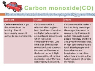 • Carbon monoxide (CO) - CO is a colorless, odorless, toxic yet non-irritating gas. It is a product of
incomplete combustion of fuel such as natural gas, coal or wood. Vehicular exhaust is a major source of
carbon monoxide.
Carbon dioxide in Earth's atmosphere
if half of global-warming emissions
are not absorbed.
(NASA simulation; 9 November 2015)
 