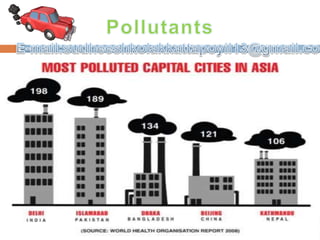 An air pollutant is a substance in the air that can have adverse effects on
humans and the ecosystem. The substance can be solid particles, liquid droplets, or gases. A
pollutant can be of natural origin or man-made. Pollutants are classified as primary or secondary.
Primary pollutants are usually produced from a process, such as ash from a volcanic eruption.
Other examples include carbon monoxide gas from motor vehicle exhaust, or the sulfur dioxide
released from factories. Secondary pollutants are not emitted directly. Rather, they form in the air
when primary pollutants react or interact. Ground level ozone is a prominent example of a
secondary pollutant. Some pollutants may be both primary and secondary: they are both emitted
directly and formed from other primary pollutants.
 