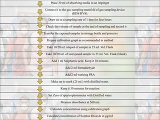 Place 30 ml of absorbing media in an impinger
Connect it to the gas-sampling manifold of gas sampling device
(RDS/HVS).
Draw air at a sampling rate of 1 lpm for four hours
Check the volume of sample at the end of sampling and record it
Transfer the exposed samples in storage bottle and preserve
Prepare calibration graph as recommended in method
Take 10/20 ml. aliquot of sample in 25 ml. Vol. Flask
Take 10/20 ml. of unexposed sample in 25 ml. Vol. Flask (blank)
Add 1 ml Sulphamic acid. Keep it 10 minutes
Add 2 ml formaldehyde
Add 2 ml working PRA
Make up to mark (25 ml.) with distilled water.
Keep it 30 minutes for reaction
Set Zero of spectrophotometer with Distilled water
Measure absorbance at 560 nm
Calculate concentration using calibration graph
Calculate concentration of Sulphur Dioxide in μg/m3
 