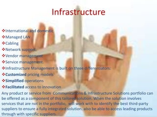 Infrastructure
International and domestic
Managed LAN
Cabling
Network support,
Vendor management
Service management.
Infrastructure Management is built on three differentiators:
Customized pricing models
Simplified operations
Facilitated access to innovation
Any product or service from Communications & Infrastructure Solutions portfolio can
be offered as a component of this tailored solution. When the solution involves
services that are not in the portfolio, will work with to identify the best third-party
suppliers to ensure a fully integrated solution. also be able to access leading products
through with specific suppliers.
 