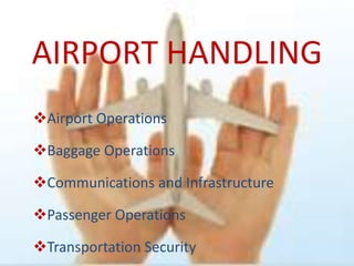 AIRPORT HANDLING
Airport Operations

Baggage Operations

Communications and Infrastructure

Passenger Operations

Transportation Security
 