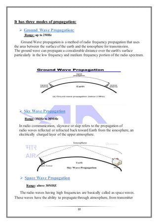 10
It has three modes of propagation:
 Ground Wave Propagation:
Range: up to 2MHz
Ground Wave propagation is a method of radio frequency propagation that uses
the area between the surface of the earth and the ionosphere for transmission.
The ground wave can propagate a considerable distance over the earth's surface
particularly in the low frequency and medium frequency portion of the radio spectrum.
 Sky Wave Propagation
Range: 3MHz to 30MHz
In radio communication, skywave or skip refers to the propagation of
radio waves reflected or refracted back toward Earth from the ionosphere, an
electrically charged layer of the upper atmosphere.
 Space Wave Propagation
Range: above 30MHZ
The radio waves having high frequencies are basically called as spacewaves.
These waves have the ability to propagate through atmosphere, from transmitter
 