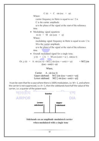 12
C (t) = C sin (ωc + φ)
Where:
carrier frequency in Hertz is equal to ωc / 2 π.
C is the carrier amplitude.
φ is the phase of the signal at the start of the reference
time.
 Modulating signal equations
m (t) = M sin (ωm + φ)
Where:
modulating signal frequency in Hertz is equal to ωm / 2 π.
M is the carrier amplitude.
φ is the phase of the signal at the start of the reference
time.
 Overall modulated signal for a single tone,
y (t) = [ A + M cos (ωm t + φ ] . sin(ωc t)
Or, y (t) = A. sin (ωc t) + M/2 [ sin ((ωc + ωm) t + φ) + M/2 [sin
((ωc - ωm) t - φ)
Where,
Carrier: A . sin (ωc t)
Upper sideband: M/2 [sin ((ωc + ωm) t + φ)]
Lower sideband: M/2 [ sin ((ωc - ωm) t - φ)]
Itcan be seen that for a case where there is 100% modulation, i.e. M = 1, and where
the carrier is not suppressed, i.e. A = 1, then the sidebands havehalf the value of the
carrier, i.e. a quarter of the power each.
Sidebands on an amplitude modulated carrier
when modulated with a single tone
 