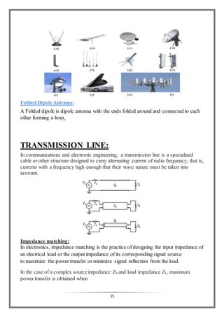15
Folded Dipole Antenna:
A Folded dipole is dipole antenna with the ends folded around and connected to each
other forming a loop.
TRANSMISSION LINE:
In communications and electronic engineering, a transmission line is a specialized
cable or other structure designed to carry alternating current of radio frequency, that is,
currents with a frequency high enough that their wave nature must be taken into
account.
Impedance matching:
In electronics, impedance matching is the practice of designing the input impedance of
an electrical load or the output impedance of its corresponding signal source
to maximize the power transfer or minimize signal reflection from the load.
In the case of a complex sourceimpedance ZS and load impedance ZL, maximum
power transfer is obtained when
 