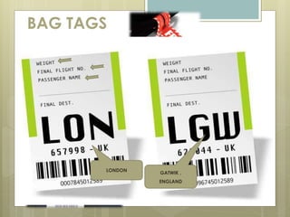 BAG TAGS 
13 
LOS ANGELES 
AIRPORT 
NEW YORK CITY 
LONDON 
COPENHAGEN 
AIRPORT 
GATWIK , 
ENGLAND 
 