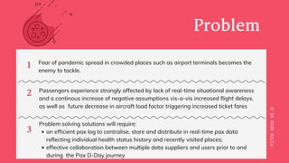 Fear of pandemic spread in crowded places such as airport terminals becomes the
enemy to tackle.
Passengers experience strongly affected by lack of real-time situational awareness
and a continous increase of negative assumptions vis-a-vis increased flight delays,
as well as future decrease in aircraft load factor triggering increased ticket fares
an efficient pax log to centralise, store and distribute in real-time pax data
reflecting individual health status history and recently visited places;
effective collaboration between multiple data suppliers and users prior to and
during  the Pax D-Day journey
Problem solving solutions will require:
PITCHDECKV1.0
1
2
3
Problem
 