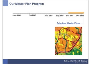 Our Master Plan Program


  June 2006   Feb 2007    June 2007   Aug 2007     Dec 2007     Dec 2008



                                      Sub-Area Master Plans




                                                 Metropolitan Growth Strategy
                                                              Greater Amman Municipality
 