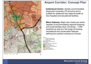 Airport Corridor: Concept Plan

 Institutional Centre: already accommodates
 Zaytouneh University (70 dunums) and is
 suitable for additional new regional health (a
 new hospital) and educational facilities


 Metro Gateway: Major new mixed-use centre
 capable of accommodating regional shopping
 and social facilities (Isra’ University – 7,000
 students) as well as a full range of housing,
 recreational and conservation features
 defining the southern entrance to Amman




                      Metropolitan Growth Strategy
                                    Greater Amman Municipality
 