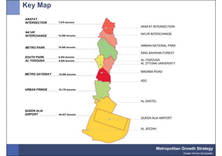 Key Map
ARAFAT
INTERSECTION    7,076 dunums
                                ARAFAT INTERSECTION
NA’UR
                                NA’UR INTERCHANGE
INTERCHANGE     10,366 dunums



                                AMMAN NATIONAL PARK
METRO PARK      19,488 dunums

                                KING BAHRAIN FOREST
SOUTH PARK      6,204 dunums
AL YADOUDA      8,826 dunums    AL-YADOUDA
                                AL ZYTONA UNIVERSITY

                                MADABA ROAD
METRO GATEWAY   10,399 dunums

                                ADC


URBAN FRINGE    18,176 dunums




                                AL QASTEL


QUEEN ALIA
AIRPORT         94,427 dunums
                                QUEEN ALIA AIRPORT


                                AL JEEZAH




                                        Metropolitan Growth Strategy
                                                       Greater Amman Municipality
 
