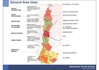General Area Uses                         8TH CIRCLE / 7TH CIRCLE
                MEDIUM DENSITY
                RESIDENTIAL MIXED USE
ARAFAT          WITH HIGH DENSITY AT
INTERSECTION    AREA C
                                          ARAFAT INTERSECTION
NA’UR           EXISTING RESIDENTIAL      NA’UR INTERCHANGE
INTERCHANGE     AREA

                ESTATE DEVELOPMENT
                GREEN PUBLIC SPACE        AMMAN NATIONAL PARK
METRO PARK      FOREST PROTECTION

                                          KING BAHRAIN FOREST
                MEDIUM DENSITY
SOUTH PARK      INSTITUTIONAL MIXED USE
AL YADOUDA      LOW DENSITY RESIDENTIAL   AL-YADOUDA
                MIXED USE                 AL ZYTONA UNIVERSITY
                MEDIUM DENSITY
                COMMERCIAL MIXED          MADABA ROAD
METRO GATEWAY   USE


                RESERVED FOR              ADC
                AGRICULTURE AND LOW
                DENSITY INSTITUTIONAL
URBAN FRINGE    DEVELOPMENT



                AL QASTEL PRESTIGE        AL QASTEL
                INDUSTRIAL
                DEVELOPMENT
QUEEN ALIA
AIRPORT
                                          QUEEN ALIA AIRPORT

                AL JEEZA LOW
                DENSITY                   AL JEEZAH
                RESIDENTIAL /
                INDUSTRIAL MIXED
                USE




                                                   Metropolitan Growth Strategy
                                                                    Greater Amman Municipality
 