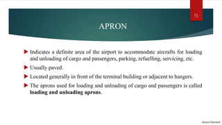 APRON
 Indicates a definite area of the airport to accommodate aircrafts for loading
and unloading of cargo and passengers, parking, refuelling, servicing, etc.
 Usually paved.
 Located generally in front of the terminal building or adjacent to hangers.
 The aprons used for loading and unloading of cargo and passengers is called
loading and unloading aprons.
Airport Elements
15
 