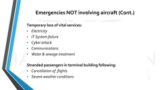 Emergencies NOT involving aircraft (Cont.)
Temporary loss of vital services:
• Electricity
• IT System failure
• Cyber attack
• Communications
• Water & sewage treatment
Stranded passengers in terminal building following:
• Cancellation of flights
• Severe weather conditions
 