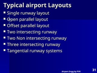 Airport Engg by PVK
31
Typical airport Layouts
Typical airport Layouts
 Single runway layout
Single runway layout
 Open parallel layout
Open parallel layout
 Offset parallel layout
Offset parallel layout
 Two intersecting runway
Two intersecting runway
 Two Non intersecting runway
Two Non intersecting runway
 Three intersecting runway
Three intersecting runway
 Tangential runway systems
Tangential runway systems
 