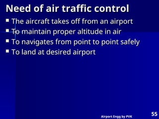 Airport Engg by PVK
55
Need of air traffic control
Need of air traffic control
 The aircraft takes off from an airport
The aircraft takes off from an airport
 To maintain proper altitude in air
To maintain proper altitude in air
 To navigates from point to point safely
To navigates from point to point safely
 To land at desired airport
To land at desired airport
 