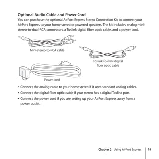 Chapter 2 Using AirPort Express 19
Optional Audio Cable and Power Cord
You can purchase the optional AirPort Express Stereo Connection Kit to connect your
AirPort Express to your home stereo or powered speakers. The kit includes analog mini-
stereo-to-dual-RCA connectors, a Toslink digital fiber optic cable, and a power cord.
Â Connect the analog cable to your home stereo if it uses standard analog cables.
Â Connect the digital fiber optic cable if your stereo has a digital Toslink port.
Â Connect the power cord if you are setting up your AirPort Express away from a
power outlet.
Mini-stereo-to-RCA cable
Toslink-to-mini digital
fiber optic cable
Power cord
 