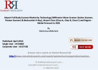 Airport Full Body Scanner Market by Technology (Millimeter Wave Scanner (Active Scanner,
Passive Scanner) & Backscatter X-Ray), Airport Class (Class A, Class B, Class C) and Region -
Global Forecast to 2021
By
MarketsandMarkets
Browse more reports on Market Research @
http://www.rnrmarketresearch.com/reports/automotive-transportation/aviation .
© RnRMarketResearch.com ;
sales@rnrmarketresearch.com ;
+1 888 391 5441
Published: April-2016
Single User : US $4650
Corporate User : US $7150
 