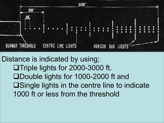Distance is indicated by using;
Triple lights for 2000-3000 ft.
Double lights for 1000-2000 ft and
Single lights in the centre line to indicate
1000 ft or less from the threshold
 
