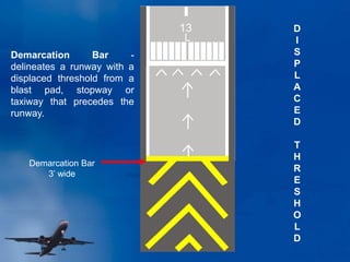 D
I
S
P
L
A
C
E
D
T
H
R
E
S
H
O
L
D
L
13
Demarcation Bar
3’ wide
Demarcation Bar -
delineates a runway with a
displaced threshold from a
blast pad, stopway or
taxiway that precedes the
runway.
 