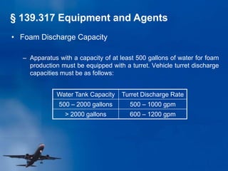 • Foam Discharge Capacity
– Apparatus with a capacity of at least 500 gallons of water for foam
production must be equipped with a turret. Vehicle turret discharge
capacities must be as follows:
Water Tank Capacity Turret Discharge Rate
500 – 2000 gallons 500 – 1000 gpm
> 2000 gallons 600 – 1200 gpm
§ 139.317 Equipment and Agents
 