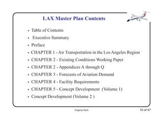 LAX Master Plan Contents

•   Table of Contents
•   Executive Summary
•   Preface
•   CHAPTER 1 - Air Transportation in the Los Angeles Region
•   CHAPTER 2 - Existing Conditions Working Paper
•   CHAPTER 2 - Appendices A through Q
•   CHAPTER 3 - Forecasts of Aviation Demand
•   CHAPTER 4 - Facility Requirements
•   CHAPTER 5 - Concept Development (Volume 1)
•   Concept Development (Volume 2 )

                          Virginia Tech                    16 of 47
 