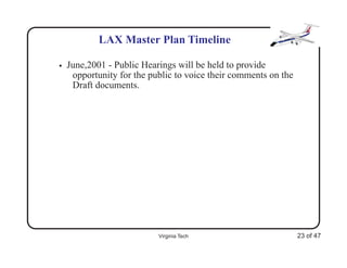 LAX Master Plan Timeline

•   June,2001 - Public Hearings will be held to provide
     opportunity for the public to voice their comments on the
     Draft documents.




                           Virginia Tech                         23 of 47
 