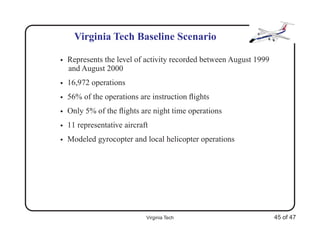 Virginia Tech Baseline Scenario

•   Represents the level of activity recorded between August 1999
    and August 2000
•   16,972 operations
•   56% of the operations are instruction ﬂights
•   Only 5% of the ﬂights are night time operations
•   11 representative aircraft
•   Modeled gyrocopter and local helicopter operations




                             Virginia Tech                          45 of 47
 