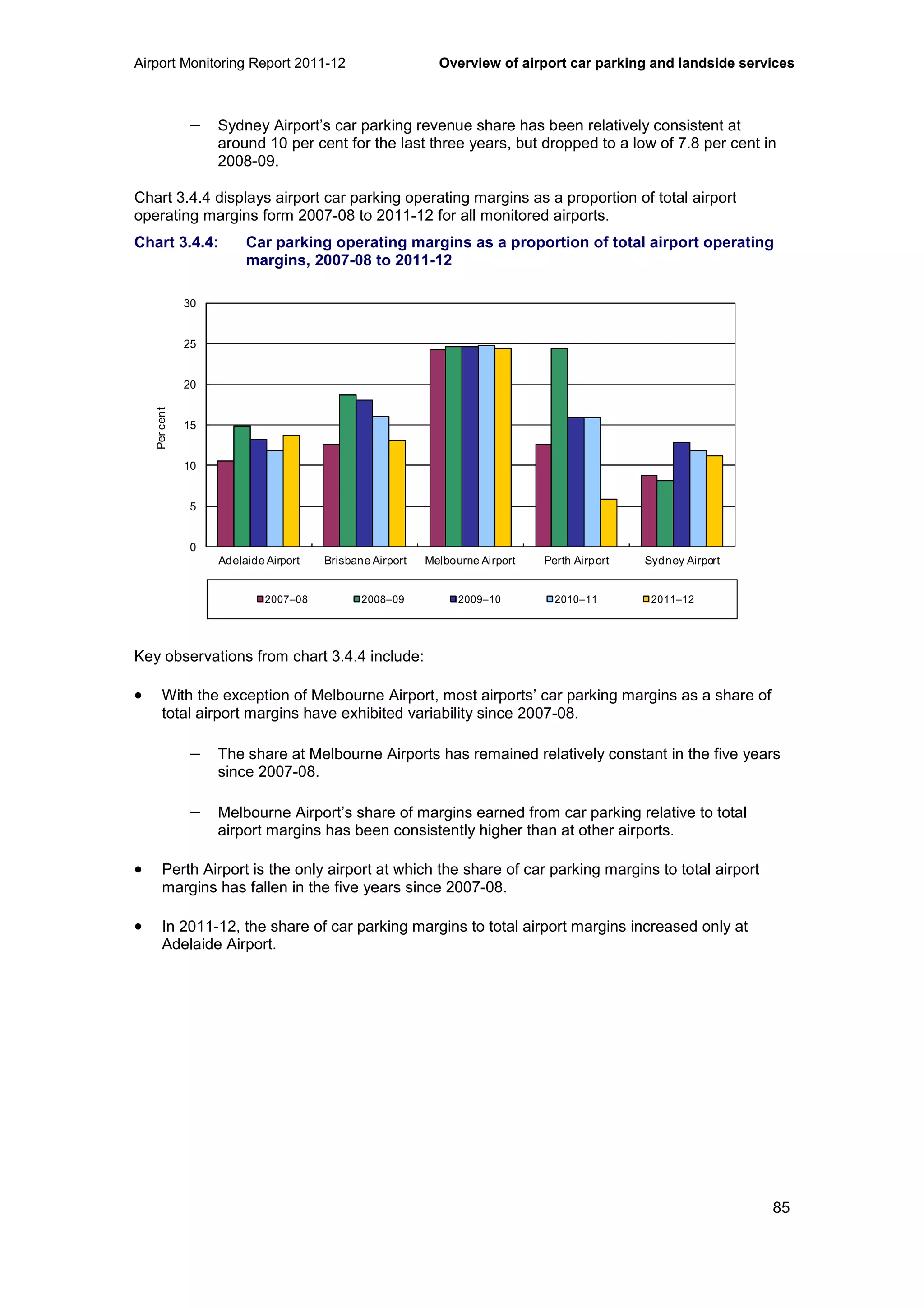 Airport Monitoring Report 2011-12 Overview of airport car parking and landside services
85
− Sydney Airport’s car parking revenue share has been relatively consistent at
around 10 per cent for the last three years, but dropped to a low of 7.8 per cent in
2008-09.
Chart 3.4.4 displays airport car parking operating margins as a proportion of total airport
operating margins form 2007-08 to 2011-12 for all monitored airports.
Chart 3.4.4: Car parking operating margins as a proportion of total airport operating
margins, 2007-08 to 2011-12
0
5
10
15
20
25
30
Adelaide Airport Brisbane Airport Melbourne Airport Perth Airport Sydney Airport
Percent
2007–08 2008–09 2009–10 2010–11 2011–12
Key observations from chart 3.4.4 include:
• With the exception of Melbourne Airport, most airports’ car parking margins as a share of
total airport margins have exhibited variability since 2007-08.
− The share at Melbourne Airports has remained relatively constant in the five years
since 2007-08.
− Melbourne Airport’s share of margins earned from car parking relative to total
airport margins has been consistently higher than at other airports.
• Perth Airport is the only airport at which the share of car parking margins to total airport
margins has fallen in the five years since 2007-08.
• In 2011-12, the share of car parking margins to total airport margins increased only at
Adelaide Airport.
 
