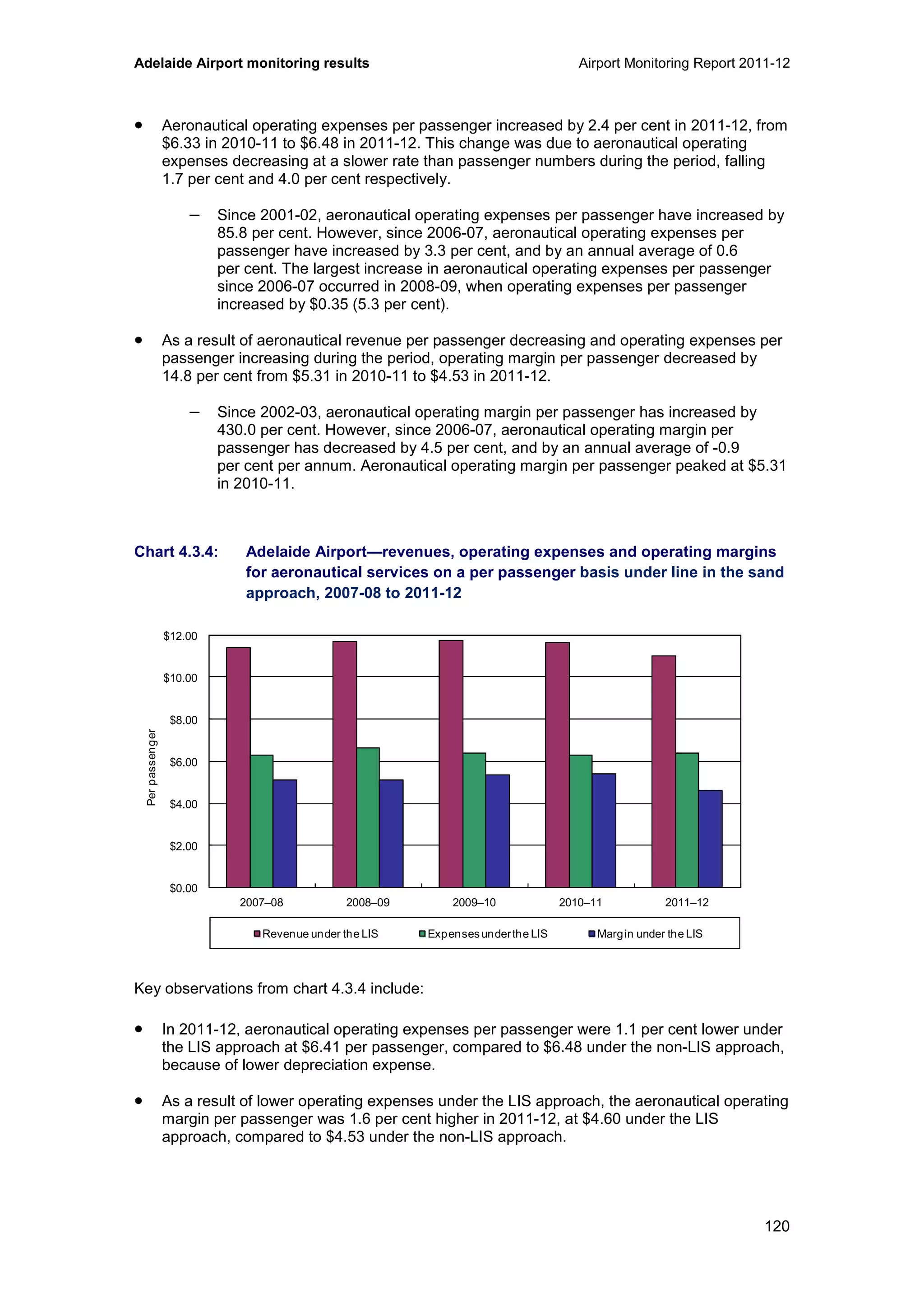 Adelaide Airport monitoring results Airport Monitoring Report 2011-12
120
• Aeronautical operating expenses per passenger increased by 2.4 per cent in 2011-12, from
$6.33 in 2010-11 to $6.48 in 2011-12. This change was due to aeronautical operating
expenses decreasing at a slower rate than passenger numbers during the period, falling
1.7 per cent and 4.0 per cent respectively.
− Since 2001-02, aeronautical operating expenses per passenger have increased by
85.8 per cent. However, since 2006-07, aeronautical operating expenses per
passenger have increased by 3.3 per cent, and by an annual average of 0.6
per cent. The largest increase in aeronautical operating expenses per passenger
since 2006-07 occurred in 2008-09, when operating expenses per passenger
increased by $0.35 (5.3 per cent).
• As a result of aeronautical revenue per passenger decreasing and operating expenses per
passenger increasing during the period, operating margin per passenger decreased by
14.8 per cent from $5.31 in 2010-11 to $4.53 in 2011-12.
− Since 2002-03, aeronautical operating margin per passenger has increased by
430.0 per cent. However, since 2006-07, aeronautical operating margin per
passenger has decreased by 4.5 per cent, and by an annual average of -0.9
per cent per annum. Aeronautical operating margin per passenger peaked at $5.31
in 2010-11.
Chart 4.3.4: Adelaide Airport—revenues, operating expenses and operating margins
for aeronautical services on a per passenger basis under line in the sand
approach, 2007-08 to 2011-12
Key observations from chart 4.3.4 include:
• In 2011-12, aeronautical operating expenses per passenger were 1.1 per cent lower under
the LIS approach at $6.41 per passenger, compared to $6.48 under the non-LIS approach,
because of lower depreciation expense.
• As a result of lower operating expenses under the LIS approach, the aeronautical operating
margin per passenger was 1.6 per cent higher in 2011-12, at $4.60 under the LIS
approach, compared to $4.53 under the non-LIS approach.
$0.00
$2.00
$4.00
$6.00
$8.00
$10.00
$12.00
2007–08 2008–09 2009–10 2010–11 2011–12
Perpassenger
Revenue under the LIS Expensesunderthe LIS Margin under the LIS
 