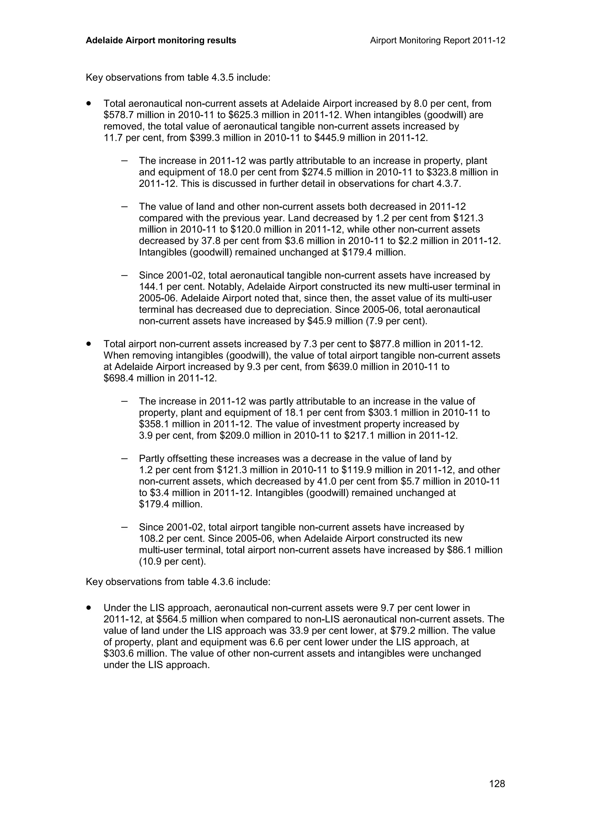 Adelaide Airport monitoring results Airport Monitoring Report 2011-12
128
Key observations from table 4.3.5 include:
• Total aeronautical non-current assets at Adelaide Airport increased by 8.0 per cent, from
$578.7 million in 2010-11 to $625.3 million in 2011-12. When intangibles (goodwill) are
removed, the total value of aeronautical tangible non-current assets increased by
11.7 per cent, from $399.3 million in 2010-11 to $445.9 million in 2011-12.
− The increase in 2011-12 was partly attributable to an increase in property, plant
and equipment of 18.0 per cent from $274.5 million in 2010-11 to $323.8 million in
2011-12. This is discussed in further detail in observations for chart 4.3.7.
− The value of land and other non-current assets both decreased in 2011-12
compared with the previous year. Land decreased by 1.2 per cent from $121.3
million in 2010-11 to $120.0 million in 2011-12, while other non-current assets
decreased by 37.8 per cent from $3.6 million in 2010-11 to $2.2 million in 2011-12.
Intangibles (goodwill) remained unchanged at $179.4 million.
− Since 2001-02, total aeronautical tangible non-current assets have increased by
144.1 per cent. Notably, Adelaide Airport constructed its new multi-user terminal in
2005-06. Adelaide Airport noted that, since then, the asset value of its multi-user
terminal has decreased due to depreciation. Since 2005-06, total aeronautical
non-current assets have increased by $45.9 million (7.9 per cent).
• Total airport non-current assets increased by 7.3 per cent to $877.8 million in 2011-12.
When removing intangibles (goodwill), the value of total airport tangible non-current assets
at Adelaide Airport increased by 9.3 per cent, from $639.0 million in 2010-11 to
$698.4 million in 2011-12.
− The increase in 2011-12 was partly attributable to an increase in the value of
property, plant and equipment of 18.1 per cent from $303.1 million in 2010-11 to
$358.1 million in 2011-12. The value of investment property increased by
3.9 per cent, from $209.0 million in 2010-11 to $217.1 million in 2011-12.
− Partly offsetting these increases was a decrease in the value of land by
1.2 per cent from $121.3 million in 2010-11 to $119.9 million in 2011-12, and other
non-current assets, which decreased by 41.0 per cent from $5.7 million in 2010-11
to $3.4 million in 2011-12. Intangibles (goodwill) remained unchanged at
$179.4 million.
− Since 2001-02, total airport tangible non-current assets have increased by
108.2 per cent. Since 2005-06, when Adelaide Airport constructed its new
multi-user terminal, total airport non-current assets have increased by $86.1 million
(10.9 per cent).
Key observations from table 4.3.6 include:
• Under the LIS approach, aeronautical non-current assets were 9.7 per cent lower in
2011-12, at $564.5 million when compared to non-LIS aeronautical non-current assets. The
value of land under the LIS approach was 33.9 per cent lower, at $79.2 million. The value
of property, plant and equipment was 6.6 per cent lower under the LIS approach, at
$303.6 million. The value of other non-current assets and intangibles were unchanged
under the LIS approach.
 
