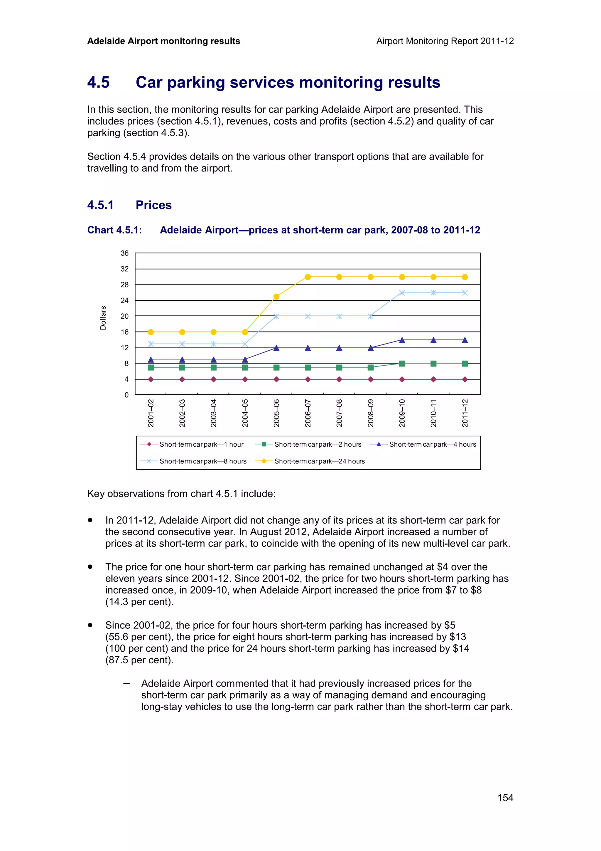 Adelaide Airport monitoring results Airport Monitoring Report 2011-12
154
4.5 Car parking services monitoring results
In this section, the monitoring results for car parking Adelaide Airport are presented. This
includes prices (section 4.5.1), revenues, costs and profits (section 4.5.2) and quality of car
parking (section 4.5.3).
Section 4.5.4 provides details on the various other transport options that are available for
travelling to and from the airport.
4.5.1 Prices
Chart 4.5.1: Adelaide Airport—prices at short-term car park, 2007-08 to 2011-12
Key observations from chart 4.5.1 include:
• In 2011-12, Adelaide Airport did not change any of its prices at its short-term car park for
the second consecutive year. In August 2012, Adelaide Airport increased a number of
prices at its short-term car park, to coincide with the opening of its new multi-level car park.
• The price for one hour short-term car parking has remained unchanged at $4 over the
eleven years since 2001-12. Since 2001-02, the price for two hours short-term parking has
increased once, in 2009-10, when Adelaide Airport increased the price from $7 to $8
(14.3 per cent).
• Since 2001-02, the price for four hours short-term parking has increased by $5
(55.6 per cent), the price for eight hours short-term parking has increased by $13
(100 per cent) and the price for 24 hours short-term parking has increased by $14
(87.5 per cent).
− Adelaide Airport commented that it had previously increased prices for the
short-term car park primarily as a way of managing demand and encouraging
long-stay vehicles to use the long-term car park rather than the short-term car park.
0
4
8
12
16
20
24
28
32
36
2001–02
2002–03
2003–04
2004–05
2005–06
2006–07
2007–08
2008–09
2009–10
2010–11
2011–12
Dollars
Short-term car park—1 hour Short-term car park—2 hours Short-term car park—4 hours
Short-term car park—8 hours Short-term car park—24 hours
 