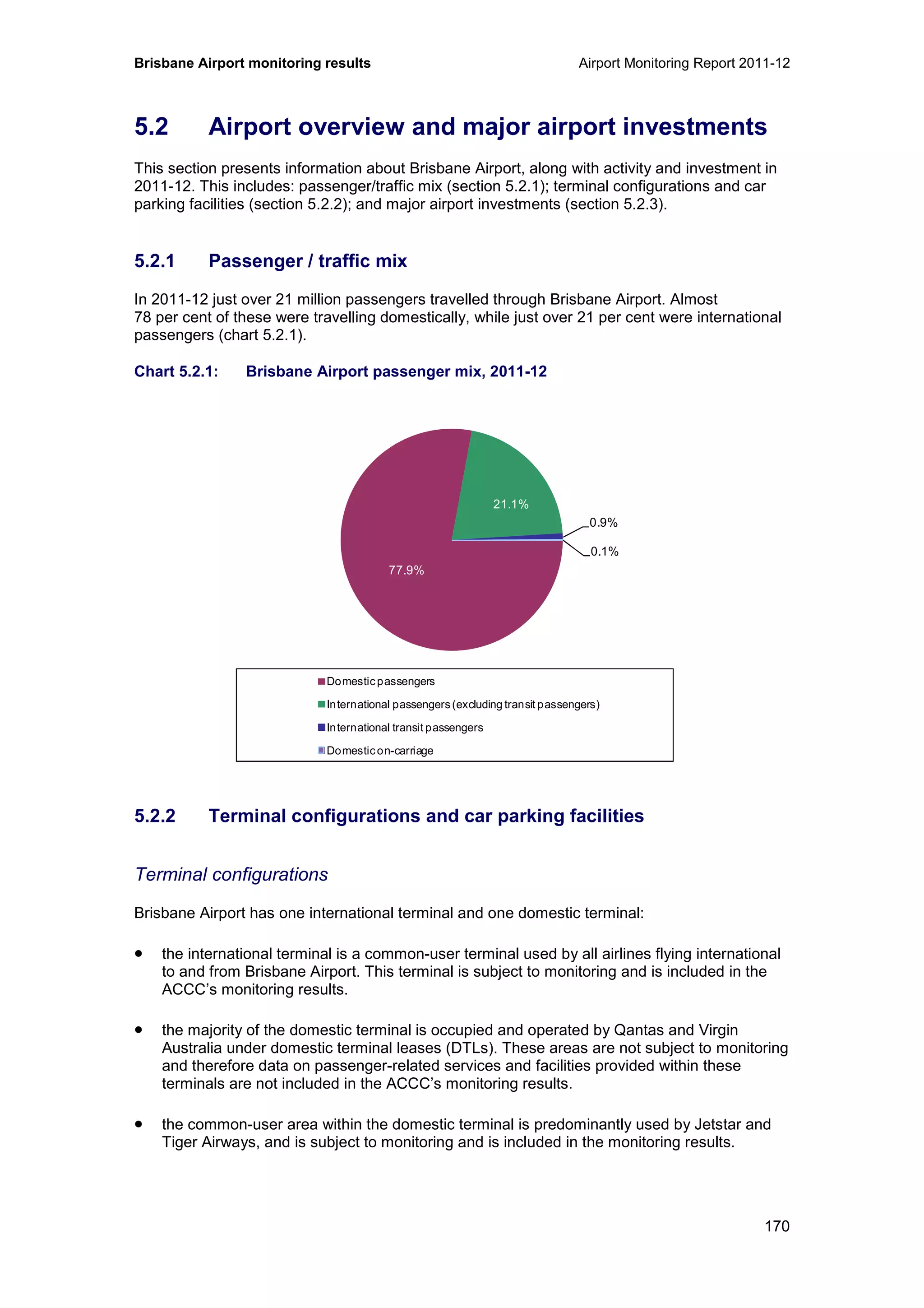Brisbane Airport monitoring results Airport Monitoring Report 2011-12
170
5.2 Airport overview and major airport investments
This section presents information about Brisbane Airport, along with activity and investment in
2011-12. This includes: passenger/traffic mix (section 5.2.1); terminal configurations and car
parking facilities (section 5.2.2); and major airport investments (section 5.2.3).
5.2.1 Passenger / traffic mix
In 2011-12 just over 21 million passengers travelled through Brisbane Airport. Almost
78 per cent of these were travelling domestically, while just over 21 per cent were international
passengers (chart 5.2.1).
Chart 5.2.1: Brisbane Airport passenger mix, 2011-12
5.2.2 Terminal configurations and car parking facilities
Terminal configurations
Brisbane Airport has one international terminal and one domestic terminal:
• the international terminal is a common-user terminal used by all airlines flying international
to and from Brisbane Airport. This terminal is subject to monitoring and is included in the
ACCC’s monitoring results.
• the majority of the domestic terminal is occupied and operated by Qantas and Virgin
Australia under domestic terminal leases (DTLs). These areas are not subject to monitoring
and therefore data on passenger-related services and facilities provided within these
terminals are not included in the ACCC’s monitoring results.
• the common-user area within the domestic terminal is predominantly used by Jetstar and
Tiger Airways, and is subject to monitoring and is included in the monitoring results.
77.9%
21.1%
0.9%
0.1%
Domesticpassengers
International passengers(excluding transit passengers)
International transit passengers
Domesticon-carriage
 
