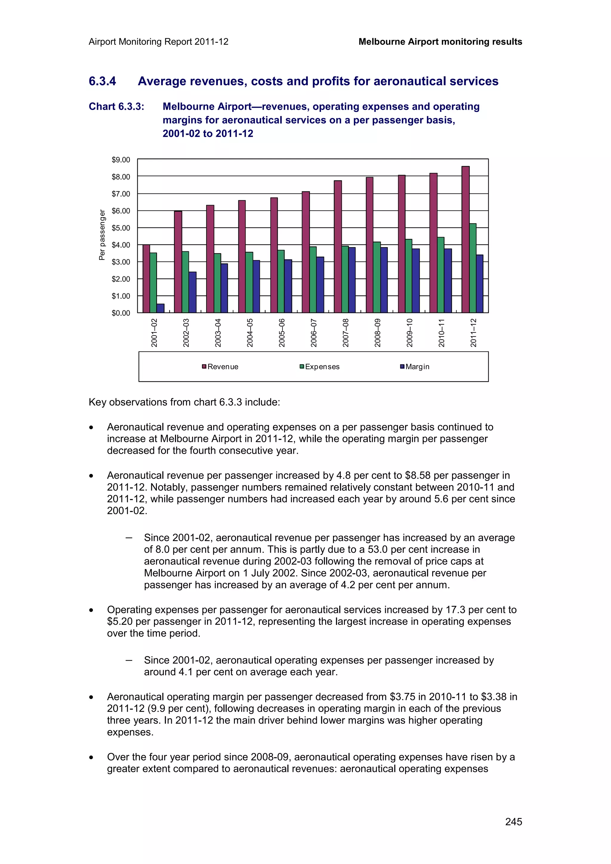 Airport Monitoring Report 2011-12 Melbourne Airport monitoring results
245
6.3.4 Average revenues, costs and profits for aeronautical services
Chart 6.3.3: Melbourne Airport—revenues, operating expenses and operating
margins for aeronautical services on a per passenger basis,
2001-02 to 2011-12
Key observations from chart 6.3.3 include:
• Aeronautical revenue and operating expenses on a per passenger basis continued to
increase at Melbourne Airport in 2011-12, while the operating margin per passenger
decreased for the fourth consecutive year.
• Aeronautical revenue per passenger increased by 4.8 per cent to $8.58 per passenger in
2011-12. Notably, passenger numbers remained relatively constant between 2010-11 and
2011-12, while passenger numbers had increased each year by around 5.6 per cent since
2001-02.
− Since 2001-02, aeronautical revenue per passenger has increased by an average
of 8.0 per cent per annum. This is partly due to a 53.0 per cent increase in
aeronautical revenue during 2002-03 following the removal of price caps at
Melbourne Airport on 1 July 2002. Since 2002-03, aeronautical revenue per
passenger has increased by an average of 4.2 per cent per annum.
• Operating expenses per passenger for aeronautical services increased by 17.3 per cent to
$5.20 per passenger in 2011-12, representing the largest increase in operating expenses
over the time period.
− Since 2001-02, aeronautical operating expenses per passenger increased by
around 4.1 per cent on average each year.
• Aeronautical operating margin per passenger decreased from $3.75 in 2010-11 to $3.38 in
2011-12 (9.9 per cent), following decreases in operating margin in each of the previous
three years. In 2011-12 the main driver behind lower margins was higher operating
expenses.
• Over the four year period since 2008-09, aeronautical operating expenses have risen by a
greater extent compared to aeronautical revenues: aeronautical operating expenses
$0.00
$1.00
$2.00
$3.00
$4.00
$5.00
$6.00
$7.00
$8.00
$9.00
2001–02
2002–03
2003–04
2004–05
2005–06
2006–07
2007–08
2008–09
2009–10
2010–11
2011–12
Perpassenger
Revenue Expenses Margin
 