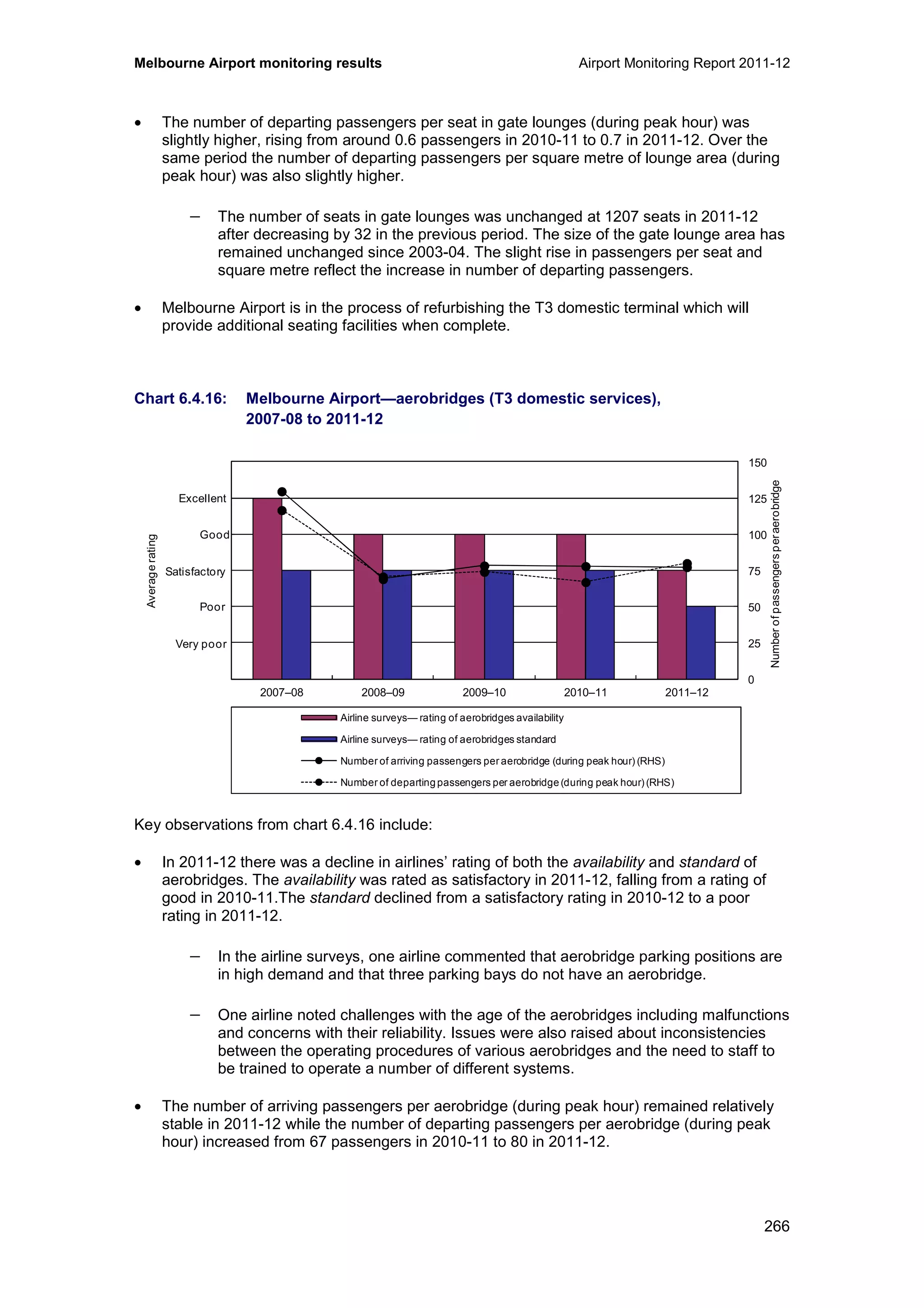 Melbourne Airport monitoring results Airport Monitoring Report 2011-12
266
• The number of departing passengers per seat in gate lounges (during peak hour) was
slightly higher, rising from around 0.6 passengers in 2010-11 to 0.7 in 2011-12. Over the
same period the number of departing passengers per square metre of lounge area (during
peak hour) was also slightly higher.
− The number of seats in gate lounges was unchanged at 1207 seats in 2011-12
after decreasing by 32 in the previous period. The size of the gate lounge area has
remained unchanged since 2003-04. The slight rise in passengers per seat and
square metre reflect the increase in number of departing passengers.
• Melbourne Airport is in the process of refurbishing the T3 domestic terminal which will
provide additional seating facilities when complete.
Chart 6.4.16: Melbourne Airport—aerobridges (T3 domestic services),
2007-08 to 2011-12
Key observations from chart 6.4.16 include:
• In 2011-12 there was a decline in airlines’ rating of both the availability and standard of
aerobridges. The availability was rated as satisfactory in 2011-12, falling from a rating of
good in 2010-11.The standard declined from a satisfactory rating in 2010-12 to a poor
rating in 2011-12.
− In the airline surveys, one airline commented that aerobridge parking positions are
in high demand and that three parking bays do not have an aerobridge.
− One airline noted challenges with the age of the aerobridges including malfunctions
and concerns with their reliability. Issues were also raised about inconsistencies
between the operating procedures of various aerobridges and the need to staff to
be trained to operate a number of different systems.
• The number of arriving passengers per aerobridge (during peak hour) remained relatively
stable in 2011-12 while the number of departing passengers per aerobridge (during peak
hour) increased from 67 passengers in 2010-11 to 80 in 2011-12.
0
25
50
75
100
125
150
0
1
2
3
4
5
6
2007–08 2008–09 2009–10 2010–11 2011–12
Numberofpassengersperaerobridge
Averagerating
Airline surveys— rating of aerobridges availability
Airline surveys— rating of aerobridges standard
Number of arriving passengers per aerobridge (during peak hour) (RHS)
Number of departing passengers per aerobridge (during peak hour) (RHS)
Excellent
Good
Poor
Very poor
Satisfactory
 