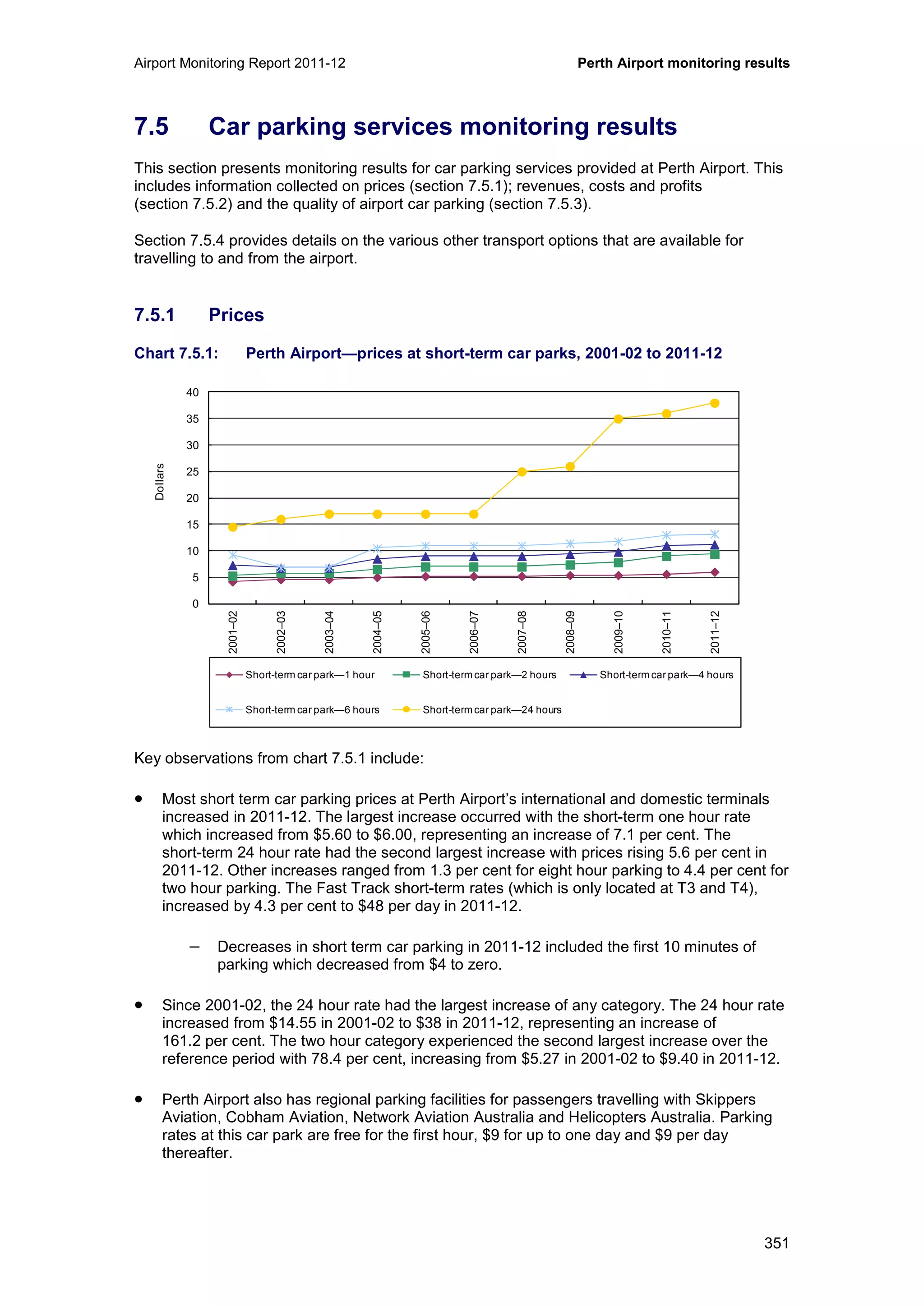 Airport Monitoring Report 2011-12 Perth Airport monitoring results
351
7.5 Car parking services monitoring results
This section presents monitoring results for car parking services provided at Perth Airport. This
includes information collected on prices (section 7.5.1); revenues, costs and profits
(section 7.5.2) and the quality of airport car parking (section 7.5.3).
Section 7.5.4 provides details on the various other transport options that are available for
travelling to and from the airport.
7.5.1 Prices
Chart 7.5.1: Perth Airport—prices at short-term car parks, 2001-02 to 2011-12
Key observations from chart 7.5.1 include:
• Most short term car parking prices at Perth Airport’s international and domestic terminals
increased in 2011-12. The largest increase occurred with the short-term one hour rate
which increased from $5.60 to $6.00, representing an increase of 7.1 per cent. The
short-term 24 hour rate had the second largest increase with prices rising 5.6 per cent in
2011-12. Other increases ranged from 1.3 per cent for eight hour parking to 4.4 per cent for
two hour parking. The Fast Track short-term rates (which is only located at T3 and T4),
increased by 4.3 per cent to $48 per day in 2011-12.
− Decreases in short term car parking in 2011-12 included the first 10 minutes of
parking which decreased from $4 to zero.
• Since 2001-02, the 24 hour rate had the largest increase of any category. The 24 hour rate
increased from $14.55 in 2001-02 to $38 in 2011-12, representing an increase of
161.2 per cent. The two hour category experienced the second largest increase over the
reference period with 78.4 per cent, increasing from $5.27 in 2001-02 to $9.40 in 2011-12.
• Perth Airport also has regional parking facilities for passengers travelling with Skippers
Aviation, Cobham Aviation, Network Aviation Australia and Helicopters Australia. Parking
rates at this car park are free for the first hour, $9 for up to one day and $9 per day
thereafter.
0
5
10
15
20
25
30
35
40
2001–02
2002–03
2003–04
2004–05
2005–06
2006–07
2007–08
2008–09
2009–10
2010–11
2011–12
Dollars
Short-term car park—1 hour Short-term car park—2 hours Short-term car park—4 hours
Short-term car park—6 hours Short-term car park—24 hours
 