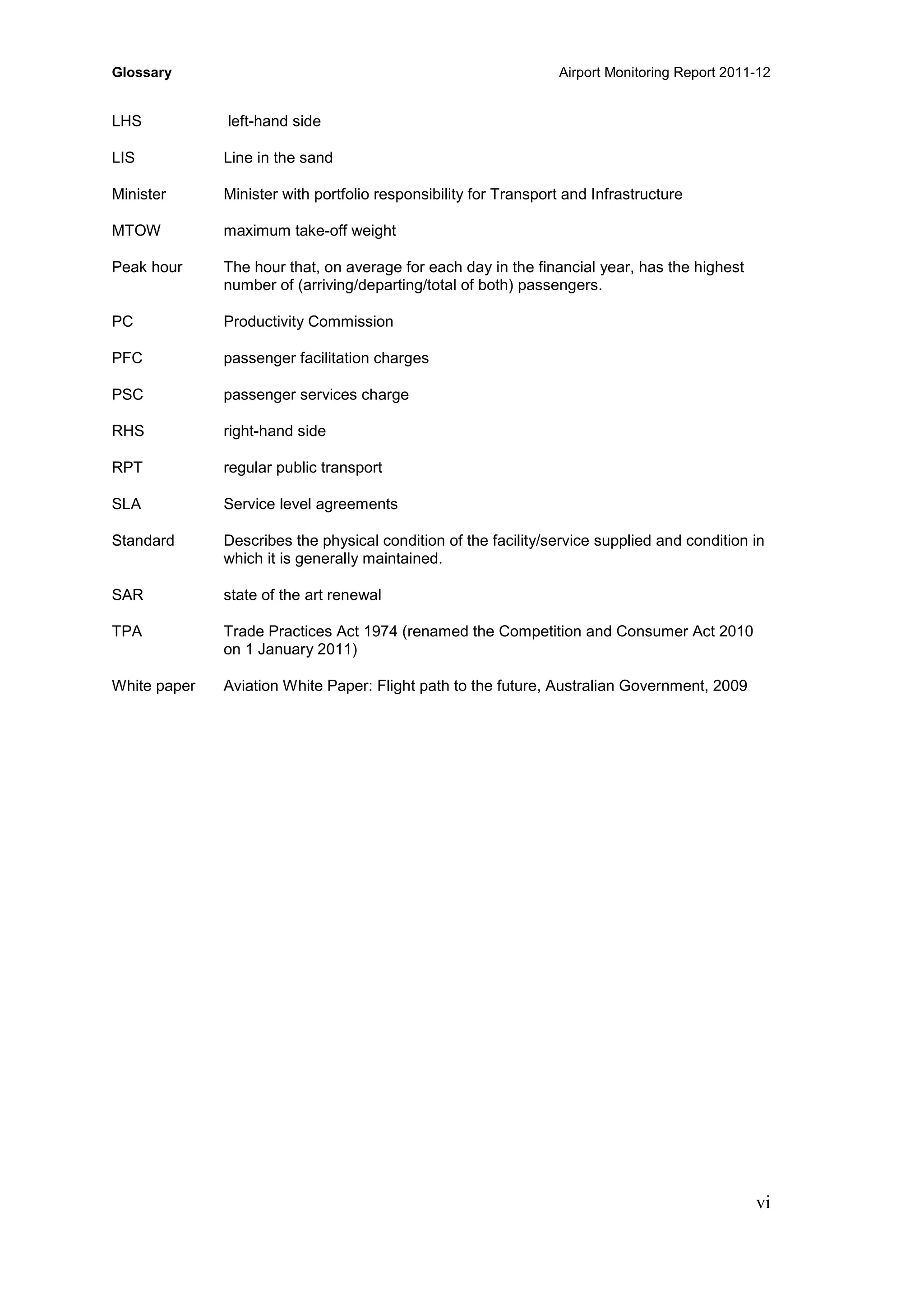Glossary Airport Monitoring Report 2011-12
vi
LHS left-hand side
LIS Line in the sand
Minister Minister with portfolio responsibility for Transport and Infrastructure
MTOW maximum take-off weight
Peak hour The hour that, on average for each day in the financial year, has the highest
number of (arriving/departing/total of both) passengers.
PC Productivity Commission
PFC passenger facilitation charges
PSC passenger services charge
RHS right-hand side
RPT regular public transport
SLA Service level agreements
Standard Describes the physical condition of the facility/service supplied and condition in
which it is generally maintained.
SAR state of the art renewal
TPA Trade Practices Act 1974 (renamed the Competition and Consumer Act 2010
on 1 January 2011)
White paper Aviation White Paper: Flight path to the future, Australian Government, 2009
 