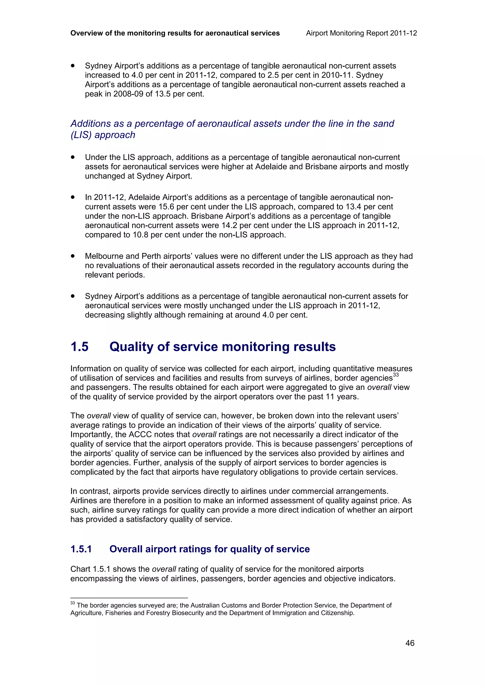 Overview of the monitoring results for aeronautical services Airport Monitoring Report 2011-12
46
• Sydney Airport’s additions as a percentage of tangible aeronautical non-current assets
increased to 4.0 per cent in 2011-12, compared to 2.5 per cent in 2010-11. Sydney
Airport’s additions as a percentage of tangible aeronautical non-current assets reached a
peak in 2008-09 of 13.5 per cent.
Additions as a percentage of aeronautical assets under the line in the sand
(LIS) approach
• Under the LIS approach, additions as a percentage of tangible aeronautical non-current
assets for aeronautical services were higher at Adelaide and Brisbane airports and mostly
unchanged at Sydney Airport.
• In 2011-12, Adelaide Airport’s additions as a percentage of tangible aeronautical non-
current assets were 15.6 per cent under the LIS approach, compared to 13.4 per cent
under the non-LIS approach. Brisbane Airport’s additions as a percentage of tangible
aeronautical non-current assets were 14.2 per cent under the LIS approach in 2011-12,
compared to 10.8 per cent under the non-LIS approach.
• Melbourne and Perth airports’ values were no different under the LIS approach as they had
no revaluations of their aeronautical assets recorded in the regulatory accounts during the
relevant periods.
• Sydney Airport’s additions as a percentage of tangible aeronautical non-current assets for
aeronautical services were mostly unchanged under the LIS approach in 2011-12,
decreasing slightly although remaining at around 4.0 per cent.
1.5 Quality of service monitoring results
Information on quality of service was collected for each airport, including quantitative measures
of utilisation of services and facilities and results from surveys of airlines, border agencies
33
and passengers. The results obtained for each airport were aggregated to give an overall view
of the quality of service provided by the airport operators over the past 11 years.
The overall view of quality of service can, however, be broken down into the relevant users’
average ratings to provide an indication of their views of the airports’ quality of service.
Importantly, the ACCC notes that overall ratings are not necessarily a direct indicator of the
quality of service that the airport operators provide. This is because passengers’ perceptions of
the airports’ quality of service can be influenced by the services also provided by airlines and
border agencies. Further, analysis of the supply of airport services to border agencies is
complicated by the fact that airports have regulatory obligations to provide certain services.
In contrast, airports provide services directly to airlines under commercial arrangements.
Airlines are therefore in a position to make an informed assessment of quality against price. As
such, airline survey ratings for quality can provide a more direct indication of whether an airport
has provided a satisfactory quality of service.
1.5.1 Overall airport ratings for quality of service
Chart 1.5.1 shows the overall rating of quality of service for the monitored airports
encompassing the views of airlines, passengers, border agencies and objective indicators.
33
The border agencies surveyed are; the Australian Customs and Border Protection Service, the Department of
Agriculture, Fisheries and Forestry Biosecurity and the Department of Immigration and Citizenship.
 