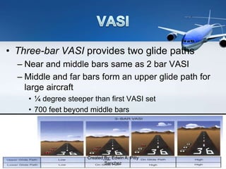 • Three-bar VASI provides two glide paths
– Near and middle bars same as 2 bar VASI
– Middle and far bars form an upper glide path for
large aircraft
• ¼ degree steeper than first VASI set
• 700 feet beyond middle bars
Created By: Edwin A. Pitty
Sanchez
 