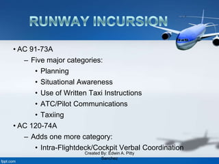 • AC 91-73A
– Five major categories:
• Planning
• Situational Awareness
• Use of Written Taxi Instructions
• ATC/Pilot Communications
• Taxiing
• AC 120-74A
– Adds one more category:
• Intra-Flightdeck/Cockpit Verbal Coordination
Created By: Edwin A. Pitty
Sanchez
 