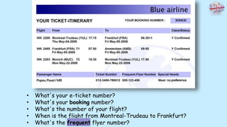 • What's your e-ticket number?
• What's your booking number?
• What's the number of your flight?
• When is the flight from Montreal-Trudeau to Frankfurt?
• What's the frequent flyer number?
 