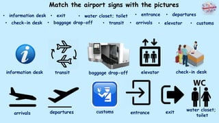 Match the airport signs with the pictures
• information desk • exit
• elevator
• entrance • departures
• arrivals
• check-in desk • baggage drop-off • transit
• water closet; toilet
• customs
information desk
exit
entrance
departures
arrivals
water closet;
toilet
elevator check-in desk
baggage drop-off
transit
customs
 