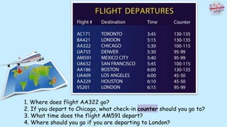 1. Where does flight AA322 go?
2. If you depart to Chicago, what check-in counter should you go to?
3. What time does the flight AM591 depart?
4. Where should you go if you are departing to London?
 