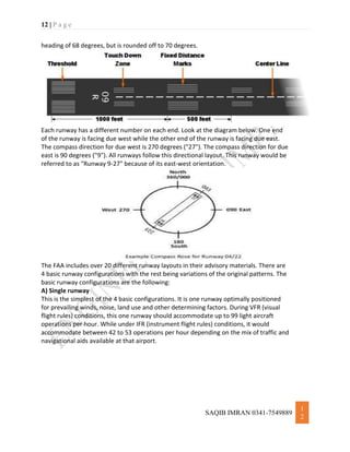 12 | P a g e
SAQIB IMRAN 0341-7549889
1
2
heading of 68 degrees, but is rounded off to 70 degrees.
Each runway has a different number on each end. Look at the diagram below. One end
of the runway is facing due west while the other end of the runway is facing due east.
The compass direction for due west is 270 degrees ("27"). The compass direction for due
east is 90 degrees ("9"). All runways follow this directional layout. This runway would be
referred to as "Runway 9-27" because of its east-west orientation.
The FAA includes over 20 different runway layouts in their advisory materials. There are
4 basic runway configurations with the rest being variations of the original patterns. The
basic runway configurations are the following:
A) Single runway
This is the simplest of the 4 basic configurations. It is one runway optimally positioned
for prevailing winds, noise, land use and other determining factors. During VFR (visual
flight rules) conditions, this one runway should accommodate up to 99 light aircraft
operations per hour. While under IFR (instrument flight rules) conditions, it would
accommodate between 42 to 53 operations per hour depending on the mix of traffic and
navigational aids available at that airport.
 